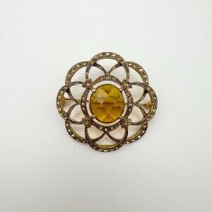Monet Gold Tone Yellow Stone Sunburst Filigree Floral Estate Brooch Pin Marked